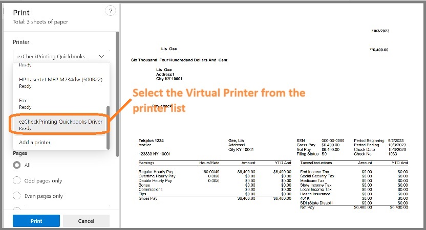 select virtual printer from printer list
